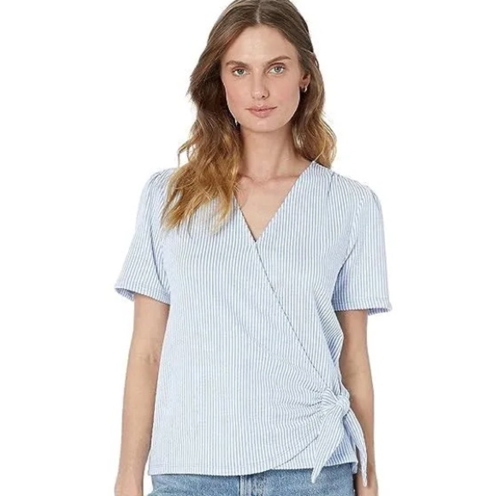Michael Kors Womens Tie Textured Striped Short Sleeve V Neck Wrap Shirt L new